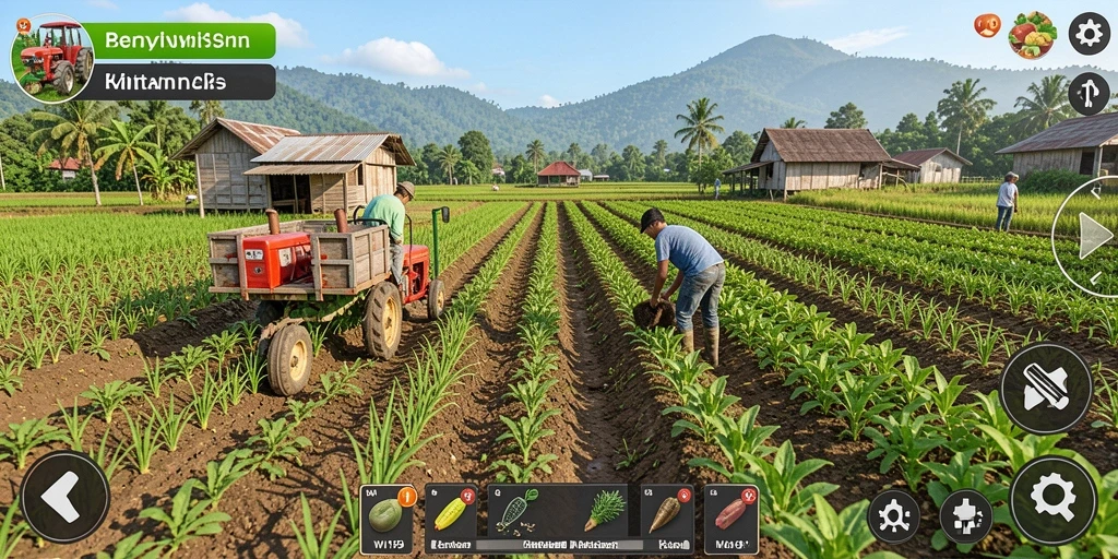 Tampilan gameplay WIN199 menunjukkan aktivitas bertani yang seru dan interaktif.